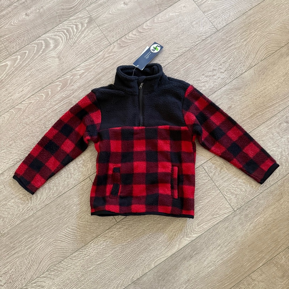 NEW Toddler Boy Kids Red Checkered Fleece Pullover Sherpa Sweater